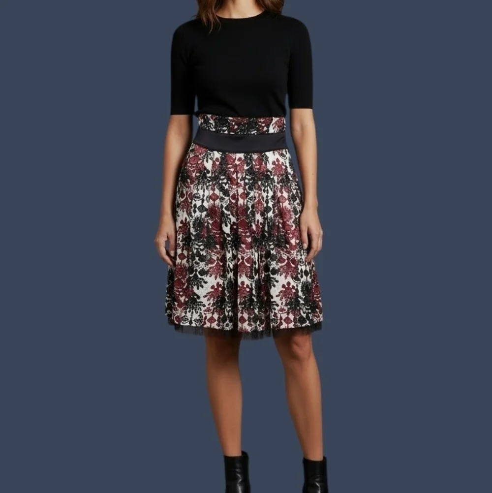 Vtg WORTHINGTON 1990s Floral Pleated Satin A-line Above the Knee Skirt